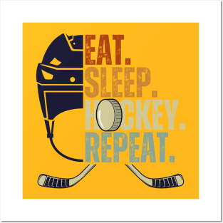 Eat Sleep Hockey Repeat Kids Adult Ice Hockey Retro Vintage Posters and Art